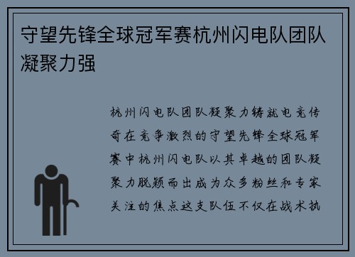 守望先锋全球冠军赛杭州闪电队团队凝聚力强