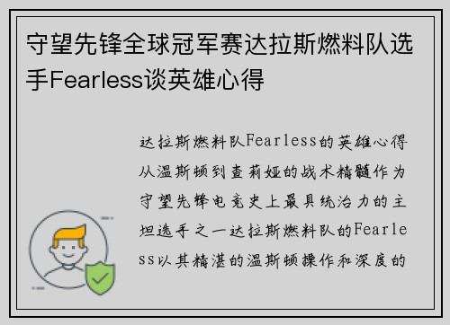 守望先锋全球冠军赛达拉斯燃料队选手Fearless谈英雄心得
