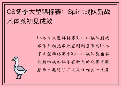 CS冬季大型锦标赛：Spirit战队新战术体系初见成效