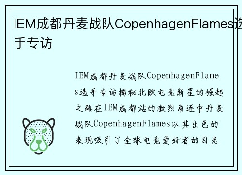 IEM成都丹麦战队CopenhagenFlames选手专访